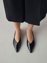 Black Croc Effect Forever Comfort® Premium Leather Pointed Toe Ballerinas - Image 1 of 11