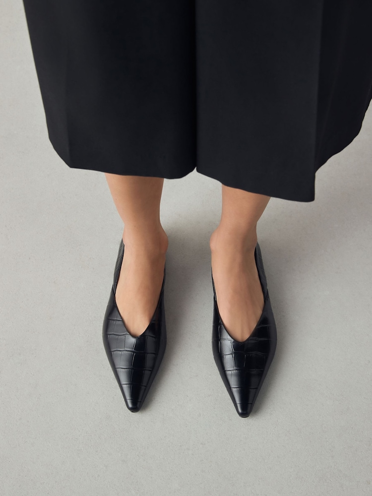 Black Croc Effect Forever Comfort® Premium Leather Pointed Toe Ballerinas - Image 1 of 11