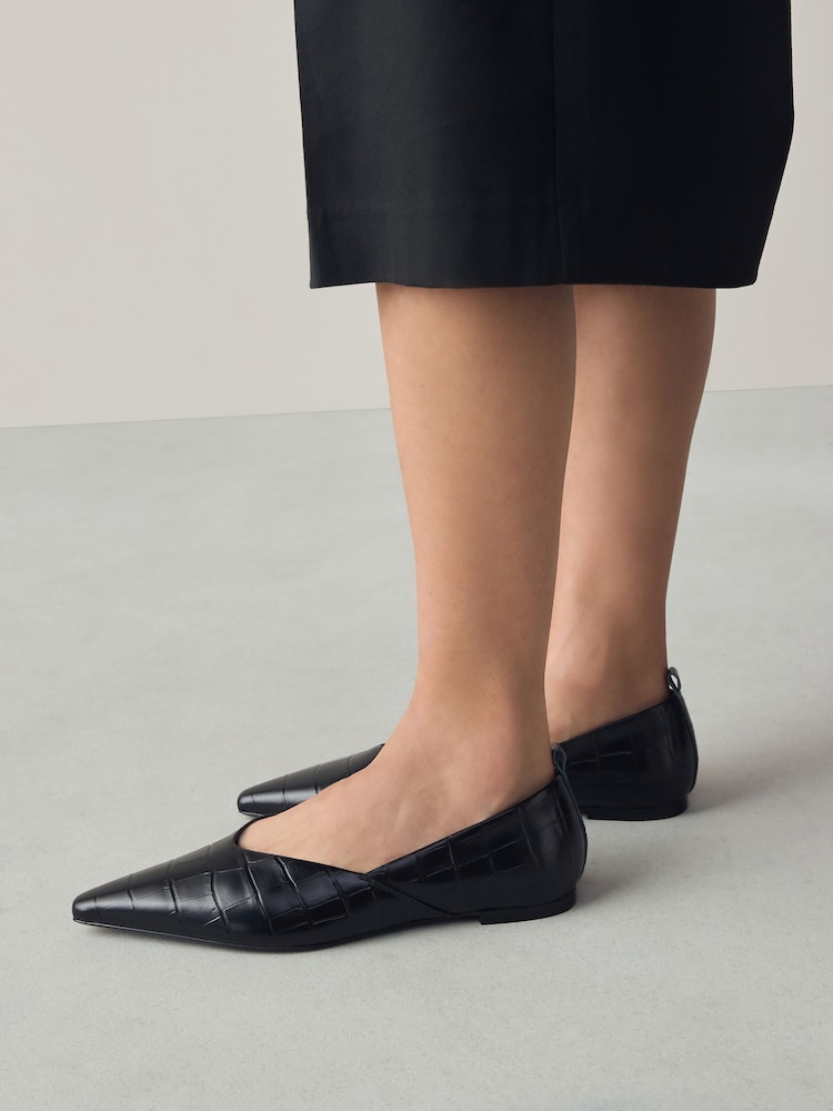 Buy Black Croc Effect Premium Leather Pointed Toe Ballerinas from