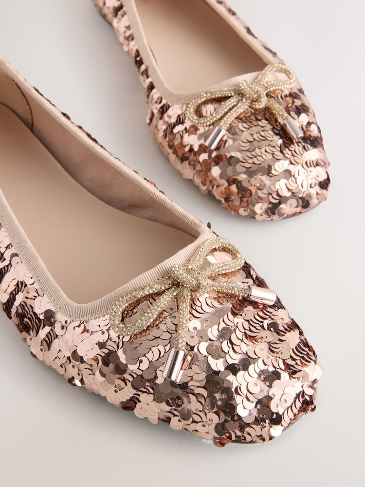 Buy Rose Gold Sequin Standard/Wide Fit Round Toe Ballerina Shoes