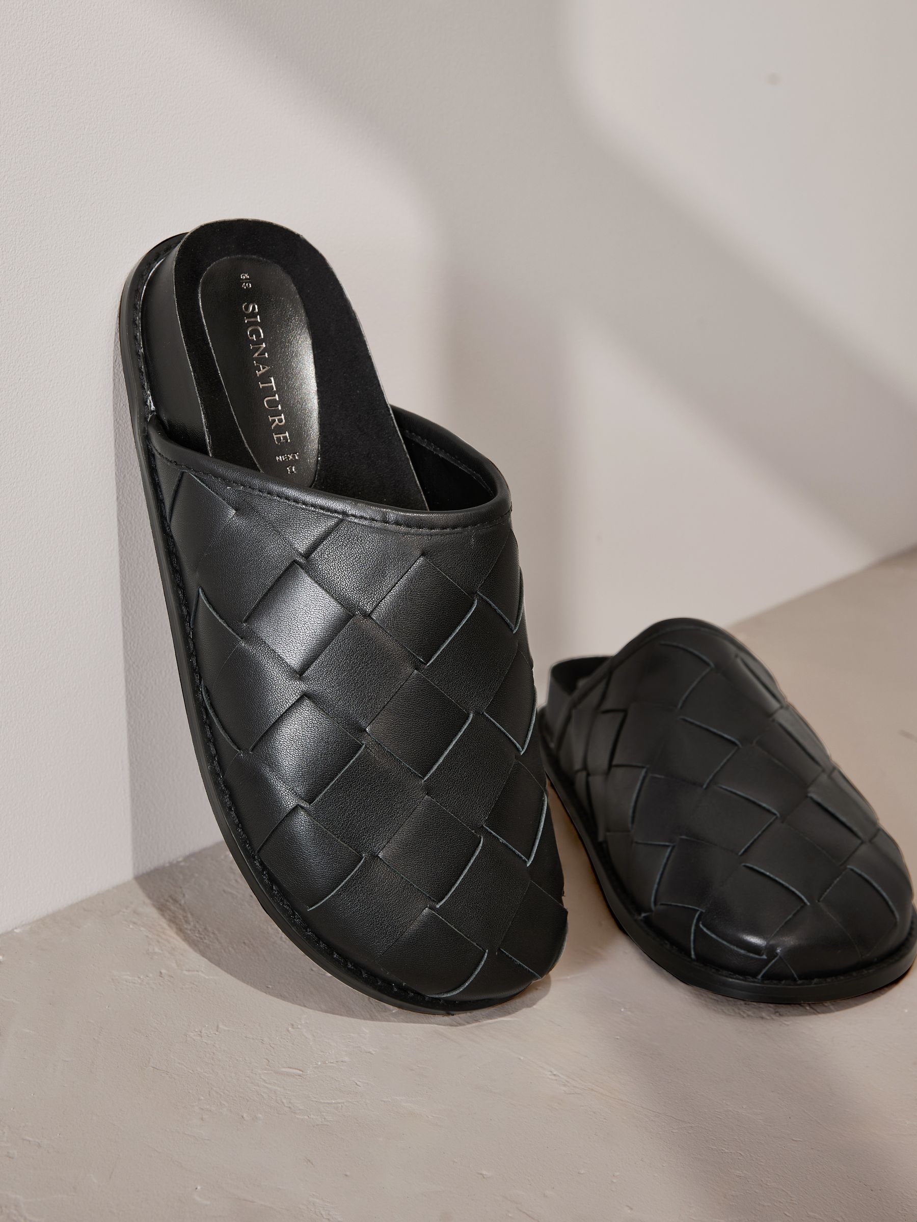 Buy Black Signature Premium Leather Weave Footbed Mules from Next USA