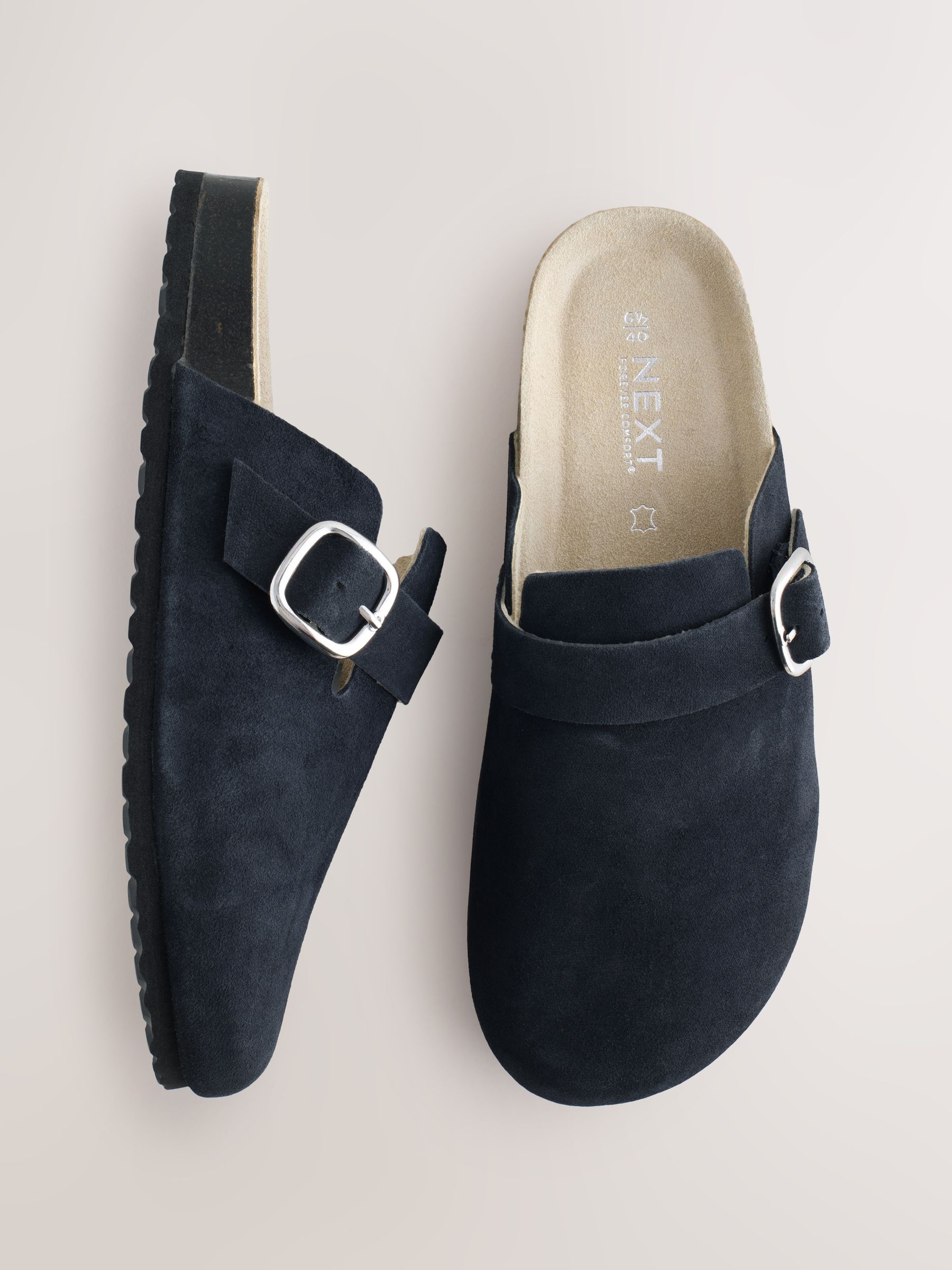 Buy Navy Standard Fit Leather Footbed Clogs from the Next UK