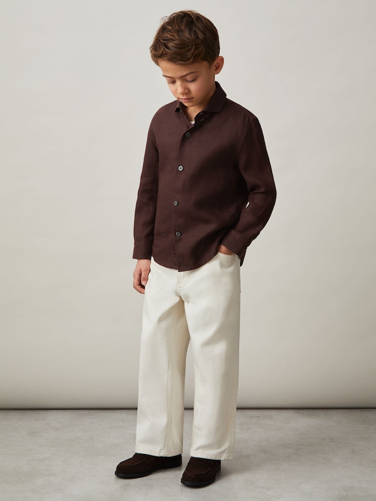 Reiss Dark Brown Ruban 3-9 yrs Linen Cutaway Collar Shirt - Image 1 of 4
