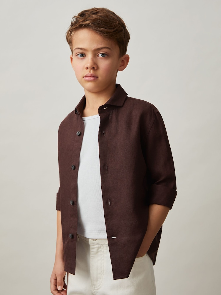Reiss Dark Brown Ruban Linen Long-Sleeve Shirt - Image 1 of 4