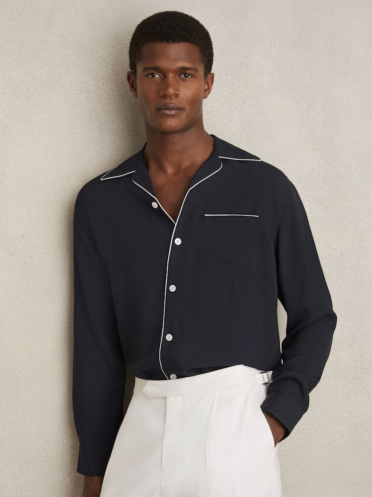 Reiss Navy Josh Cuban Collar Shirt with Piping Detail Shirt - Image 1 of 6