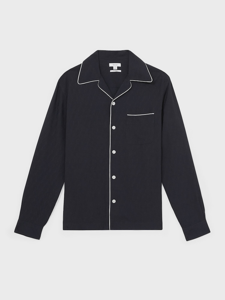 Reiss Navy Josh Cuban Collar Shirt with Piping Detail Shirt - Image 2 of 6