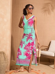 Love & Roses Aqua Blue and Pink Tropical Print V-Neck Jersey Midi Dress - Image 1 of 4