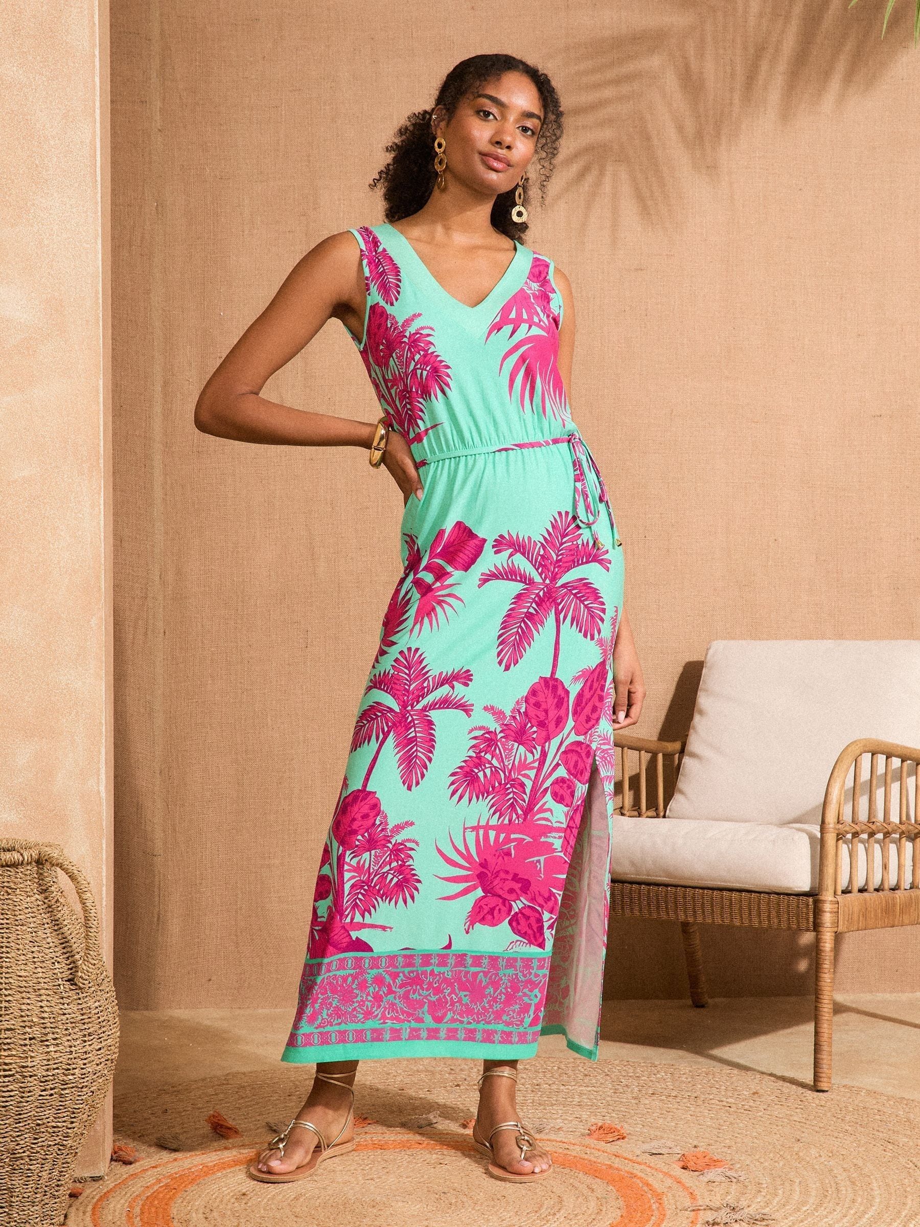 Buy Love & Roses Aqua Blue and Pink Tropical Print V-Neck Jersey