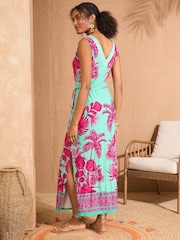 Love & Roses Aqua Blue and Pink Tropical Print V-Neck Jersey Midi Dress - Image 4 of 4