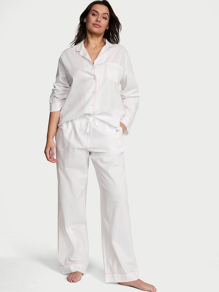 Victoria's Secret White With Pink Piping Cotton Long Pyjama Set - Image 1 of 3