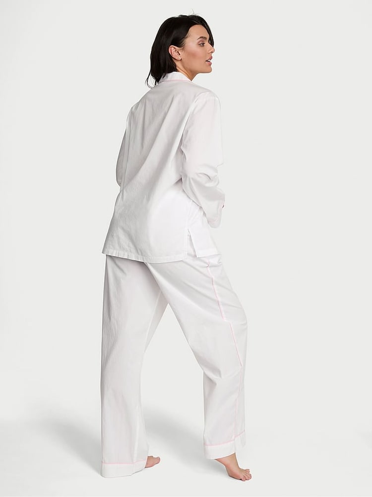 Victoria's Secret White With Pink Piping Cotton Long Pyjama Set - Image 2 of 3