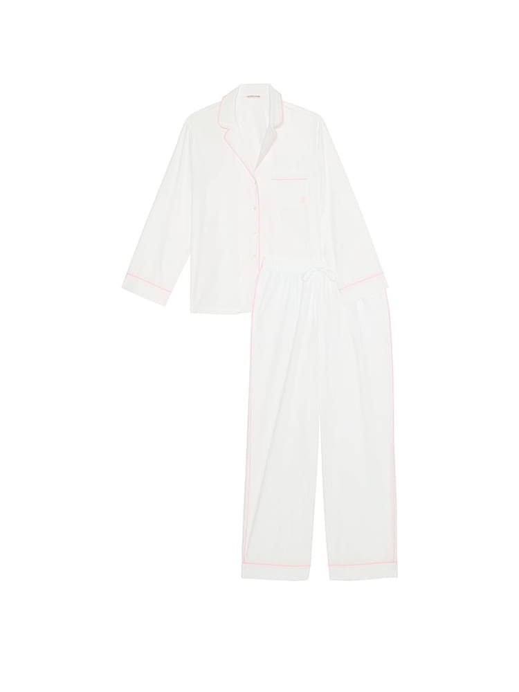 Victoria's Secret White With Pink Piping Cotton Long Pyjama Set - Image 3 of 3