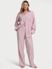 Victoria's Secret Rose Pink Herringbone Cotton Modal Long Pyjama Set - Image 1 of 2