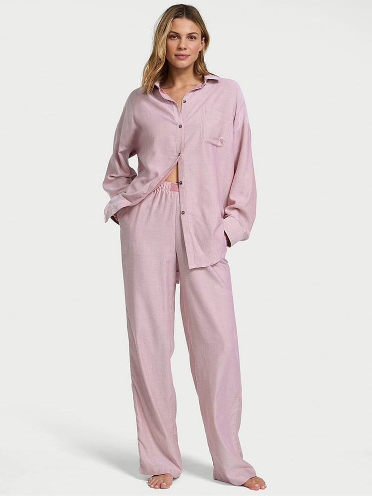 Victoria's Secret Rose Pink Herringbone Cotton Modal Long Pyjama Set - Image 1 of 2 Victoria's Secret Rose Pink Herringbone Cotton Modal Long Pyjama Set - Image 1 of 2