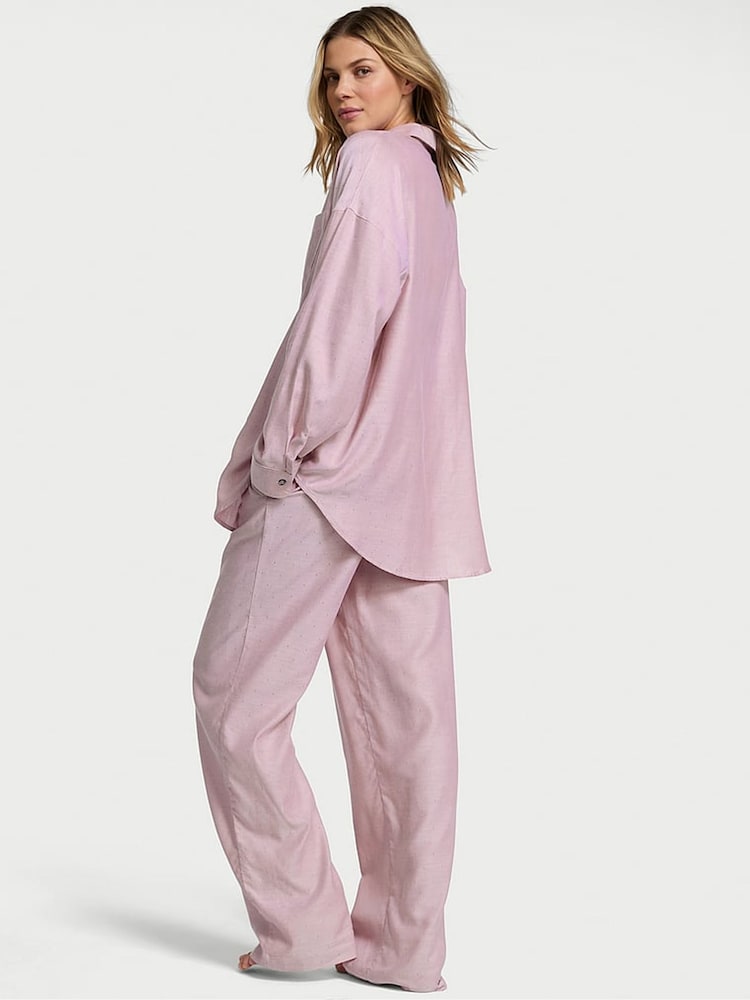 Victoria's Secret Rose Pink Herringbone Cotton Modal Long Pyjama Set - Image 2 of 2