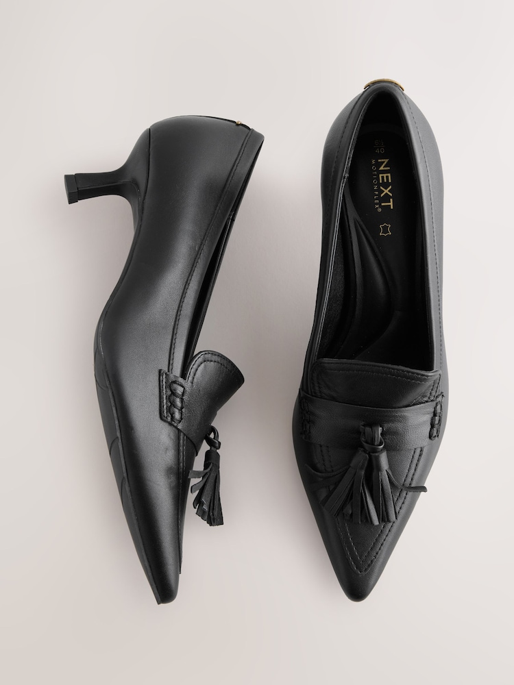 Black Forever Comfort® Premium Leather With Motionflex Point Toe Tassel Heels Loafers - Image 1 of 5
