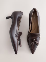 Choc Brown Forever Comfort® Premium Leather With Motionflex Point Toe Tassel Heels Loafers - Image 1 of 5