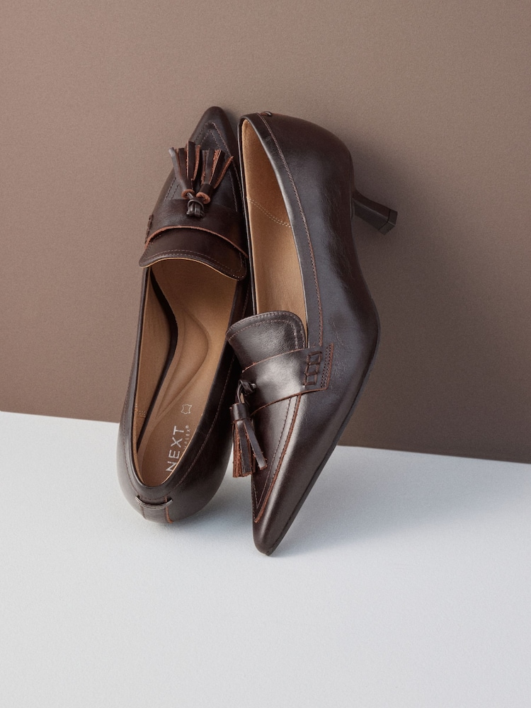 Choc Brown Forever Comfort® Premium Leather With Motionflex Point Toe Tassel Heels Loafers - Image 10 of 10