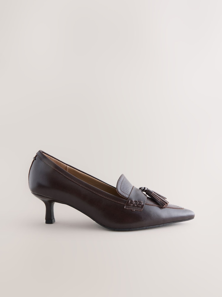 Choc Brown Forever Comfort® Premium Leather With Motionflex Point Toe Tassel Heels Loafers - Image 2 of 5