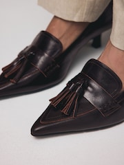 Choc Brown Forever Comfort® Premium Leather With Motionflex Point Toe Tassel Heels Loafers - Image 6 of 10