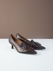 Choc Brown Forever Comfort® Premium Leather With Motionflex Point Toe Tassel Heels Loafers - Image 9 of 10
