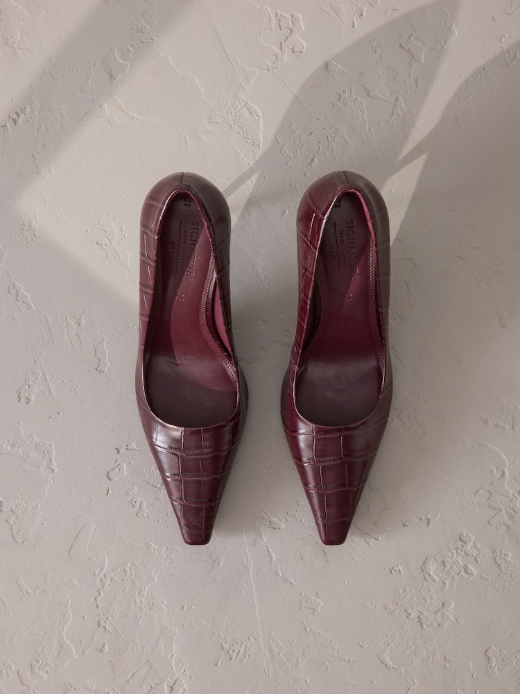 Burgundy Red Signature Premium Leather Croc Embossed Pointed Toe Court Heels - Image 1 of 6 Burgundy Red Signature Premium Leather Croc Embossed Pointed Toe Court Heels - Image 1 of 6