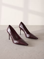 Burgundy Red Signature Premium Leather Croc Embossed Pointed Toe Court Heels - Image 2 of 6
