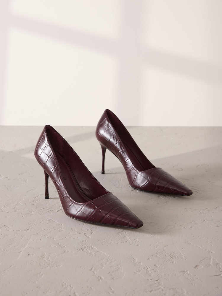 Burgundy Red Signature Premium Leather Croc Embossed Pointed Toe Court Heels - Image 2 of 6 Burgundy Red Signature Premium Leather Croc Embossed Pointed Toe Court Heels - Image 2 of 6