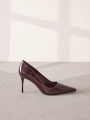 Burgundy Red Signature Premium Leather Croc Embossed Pointed Toe Court Heels - Image 3 of 6