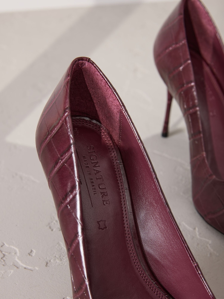 Burgundy Red Signature Premium Leather Croc Embossed Pointed Toe Court Heels - Image 6 of 6 Burgundy Red Signature Premium Leather Croc Embossed Pointed Toe Court Heels - Image 6 of 6