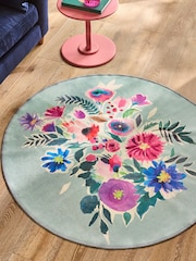 Teal Blue Washable Bold Floral Circular Rug - Image 1 of 3