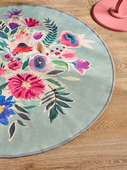 Teal Blue Washable Bold Floral Circular Rug - Image 2 of 3