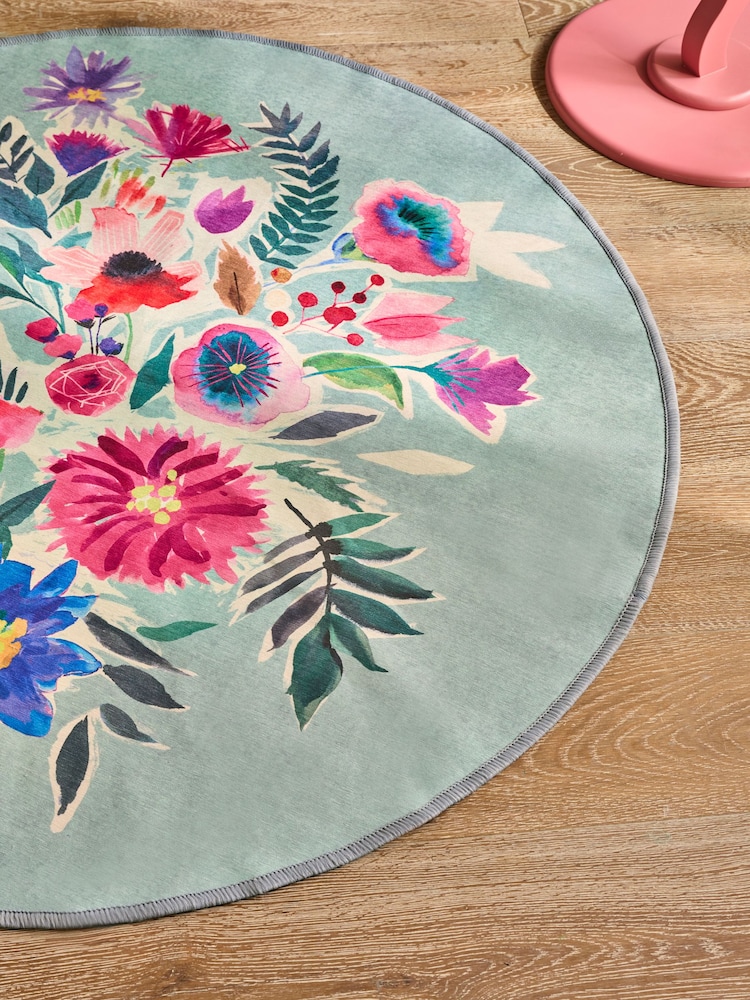 Teal Blue Washable Bold Floral Circular Rug - Image 2 of 3 Teal Blue Washable Bold Floral Circular Rug - Image 2 of 3