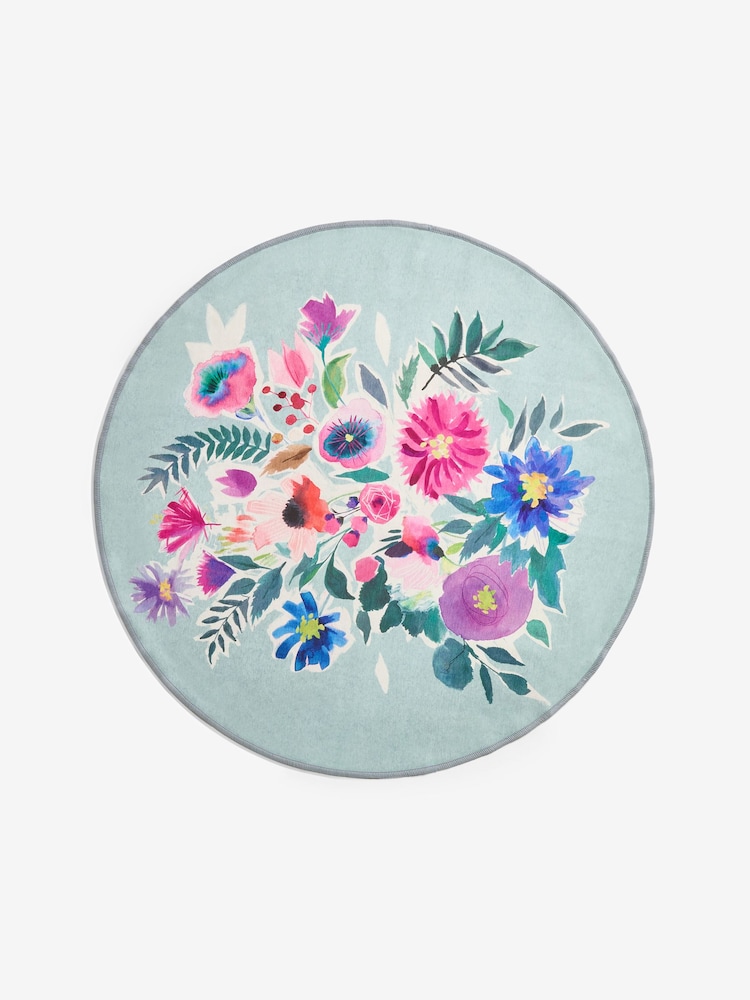 Teal Blue Washable Bold Floral Circular Rug - Image 3 of 3