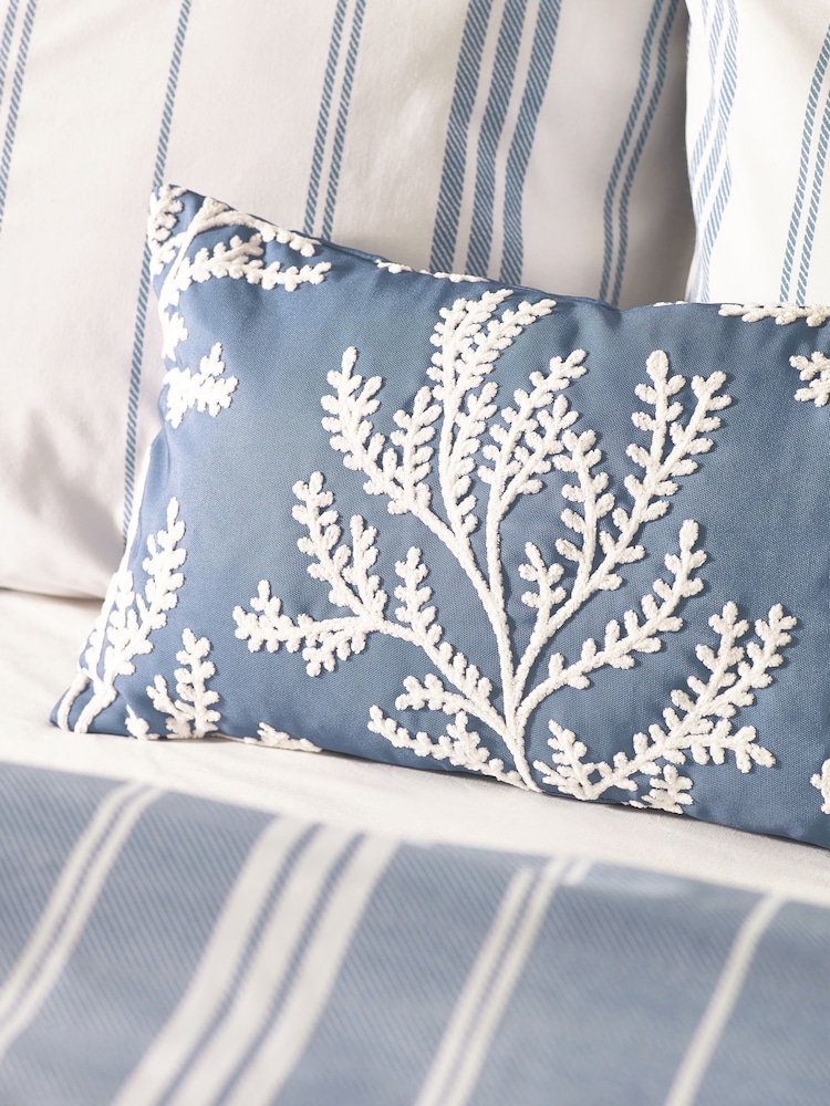 Catherine Lansfield Chambray Blue Coral Leaf Embroidered Cushion - Image 2 of 2