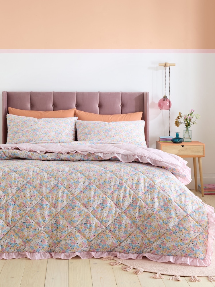 Catherine Lansfield Pink Darcy Floral Frill Edge Reversible Bedspread - Image 1 of 3