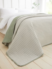 Catherine Lansfield Sage Green Stripe Quilted Reversible Bedspread - Image 1 of 4