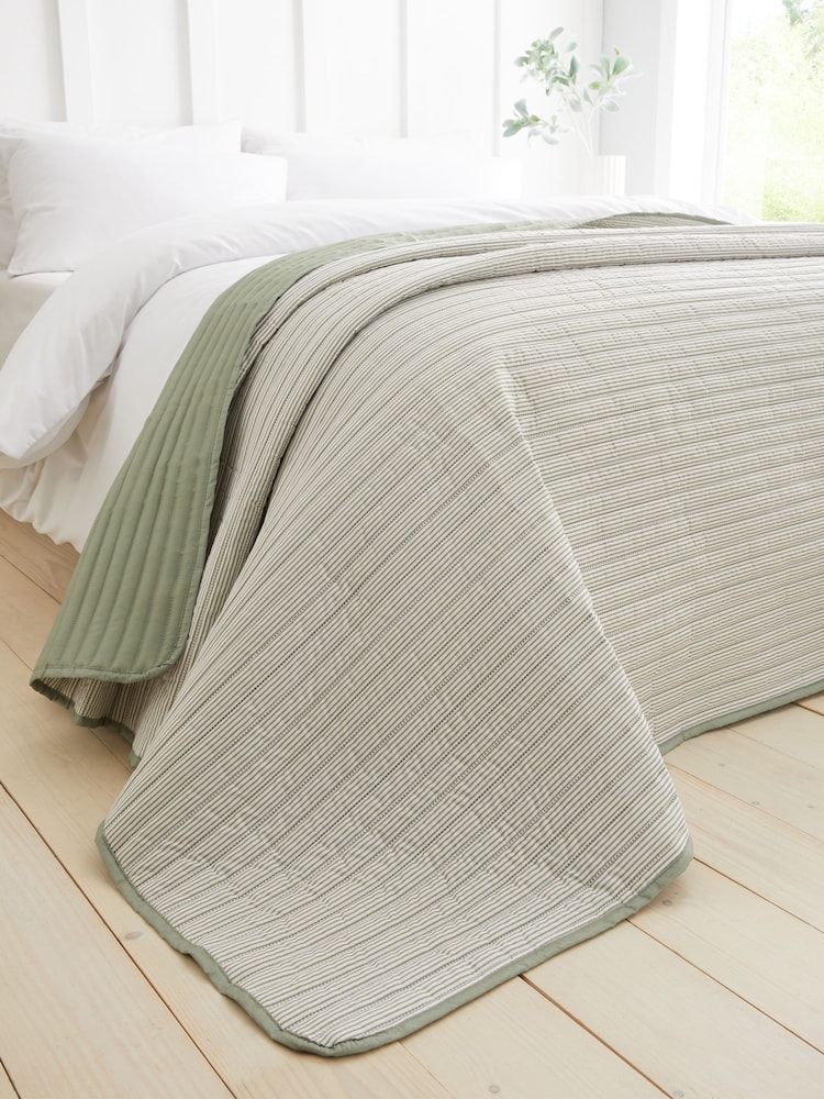 Catherine Lansfield Sage Green Stripe Quilted Reversible Bedspread - Image 1 of 4 Catherine Lansfield Sage Green Stripe Quilted Reversible Bedspread - Image 1 of 4