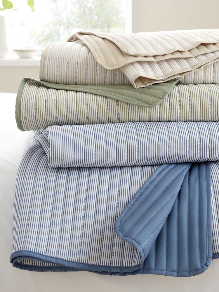 Catherine Lansfield Sage Green Stripe Quilted Reversible Bedspread - Image 4 of 4