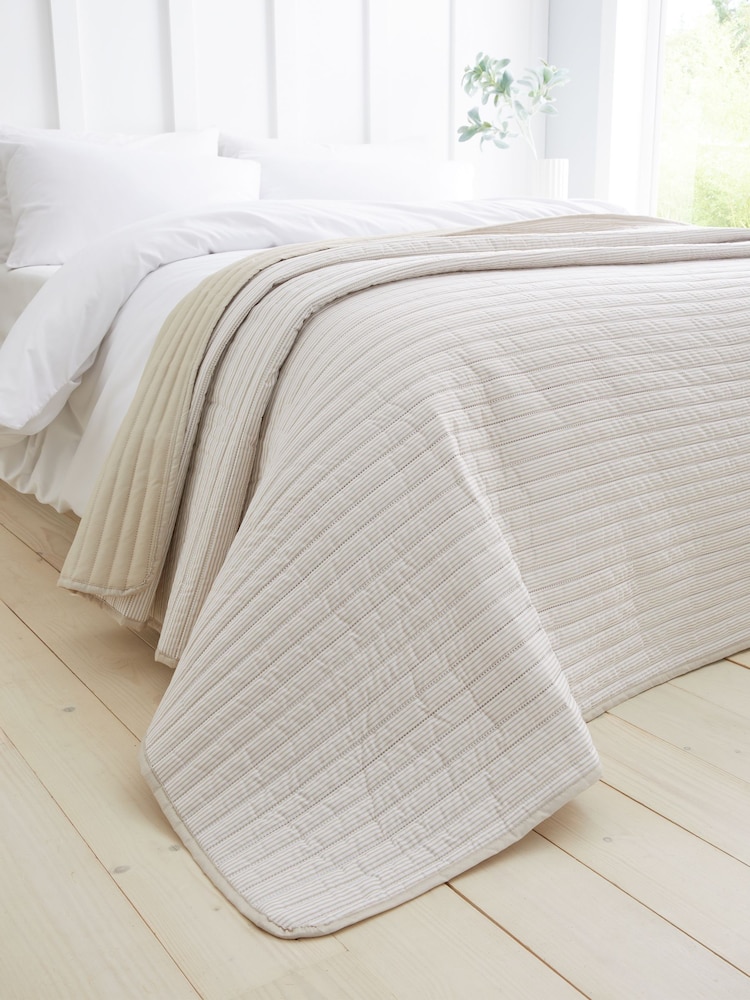 Catherine Lansfield Natural Stripe Quilted Reversible Bedspread - Image 1 of 4
