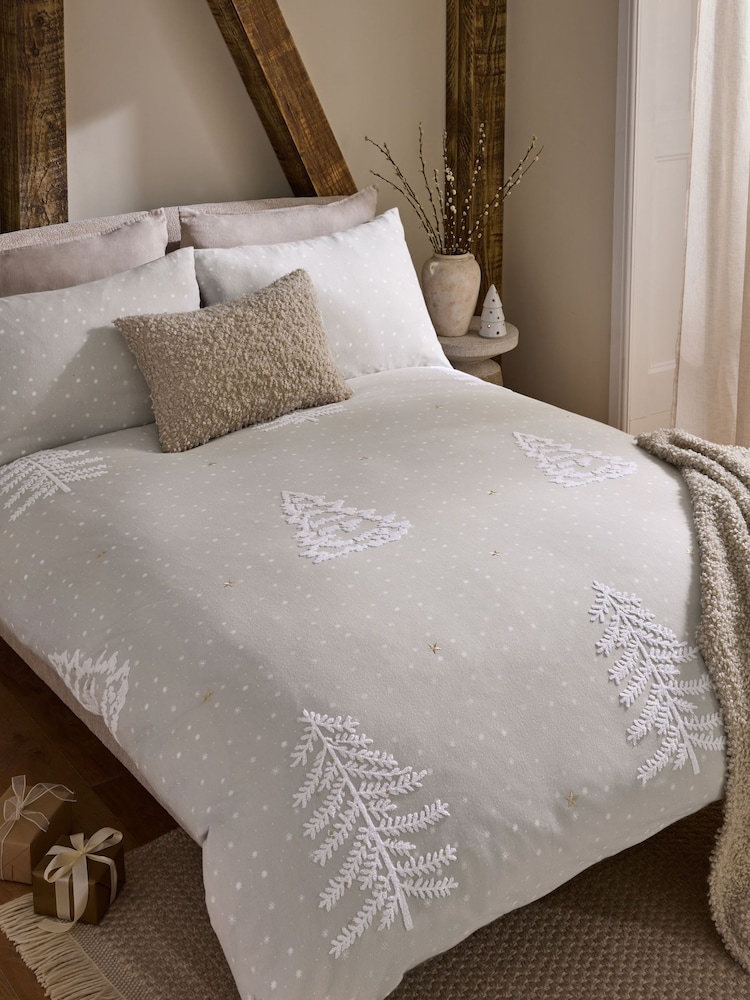 Natural Trees Christmas Brushed Tufted Duvet Cover and Pillowcase Set - Image 1 of 4 Natural Trees Christmas Brushed Tufted Duvet Cover and Pillowcase Set - Image 1 of 4