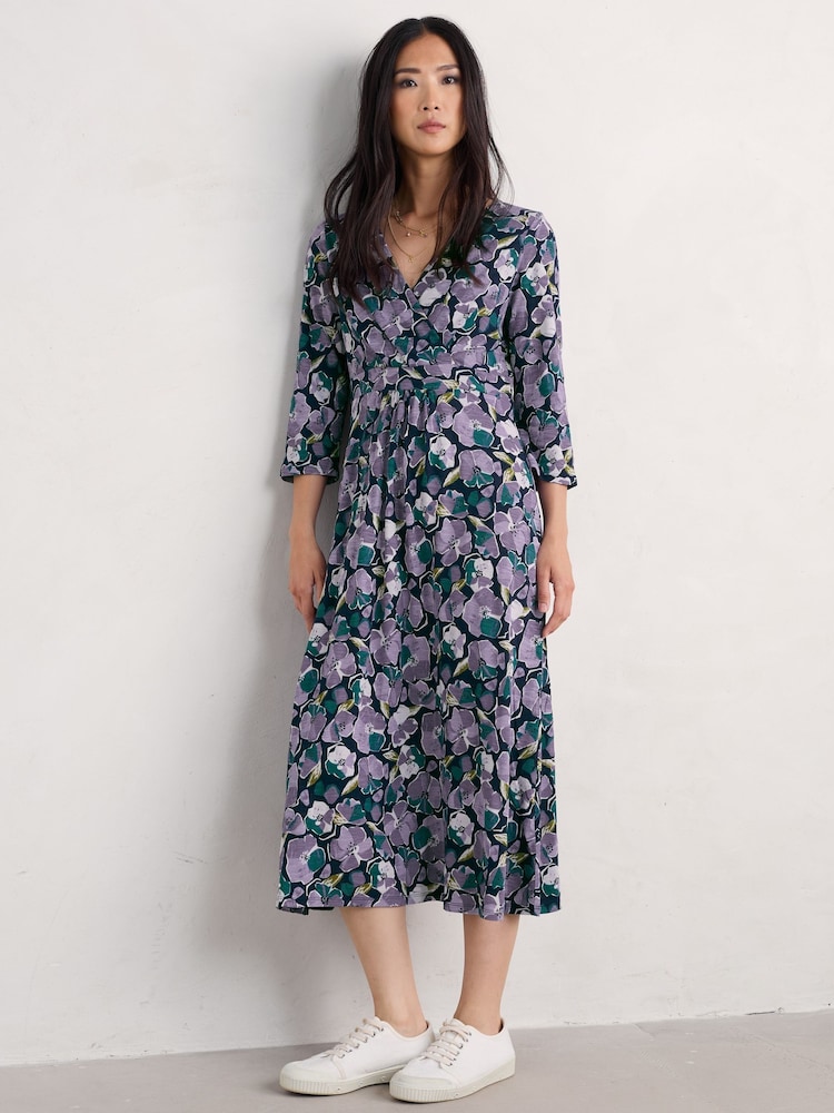 Seasalt Cornwall Purple Petite Chapelle 3/4 Sleeve 100% Organic Cotton Jersey Dress - Image 1 of 5