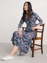 Seasalt Cornwall Purple Petite Chapelle 3/4 Sleeve 100% Organic Cotton Jersey Dress - Image 3 of 5
