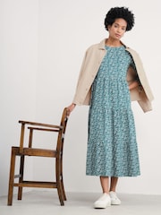 Seasalt Cornwall Blue Tall Line Strokes Tiered Jersey 100% Cotton Dress - Image 1 of 5