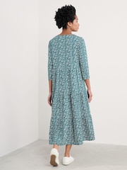 Seasalt Cornwall Blue Tall Line Strokes Tiered Jersey 100% Cotton Dress - Image 2 of 5
