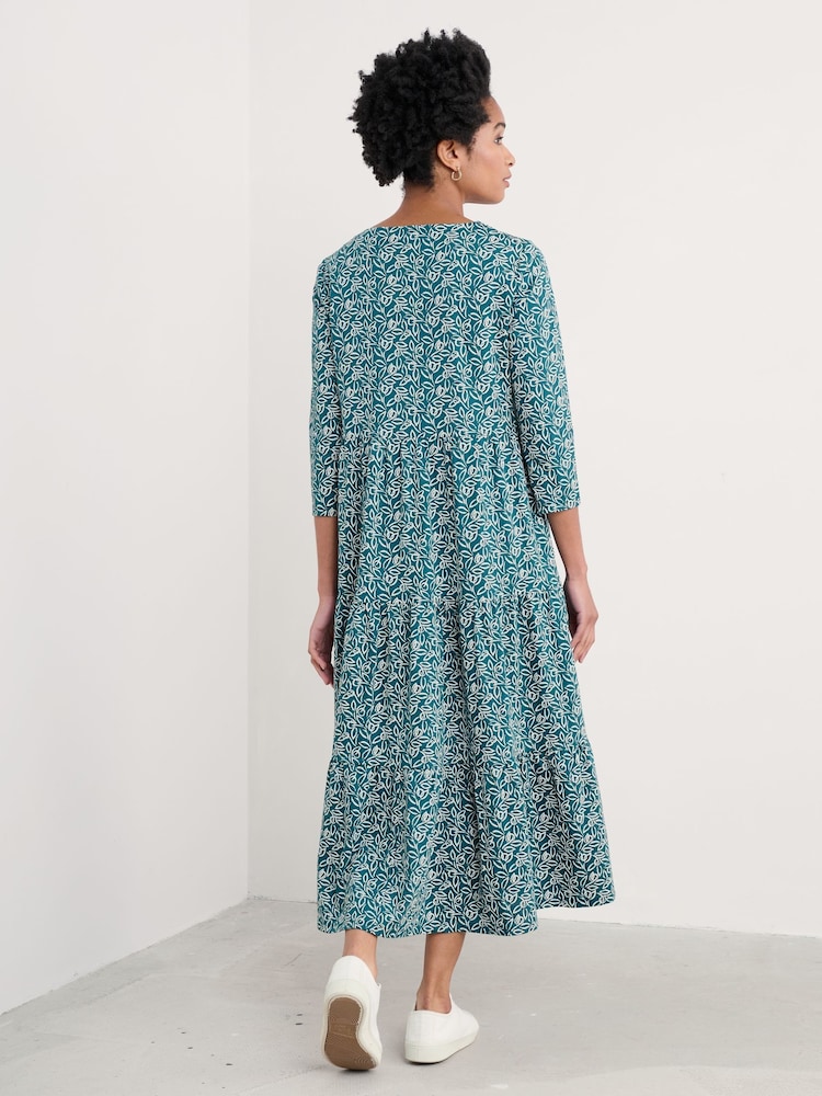 Seasalt Cornwall Blue Tall Line Strokes Tiered Jersey 100% Cotton Dress - Image 2 of 5