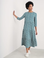 Seasalt Cornwall Blue Tall Line Strokes Tiered Jersey 100% Cotton Dress - Image 3 of 5