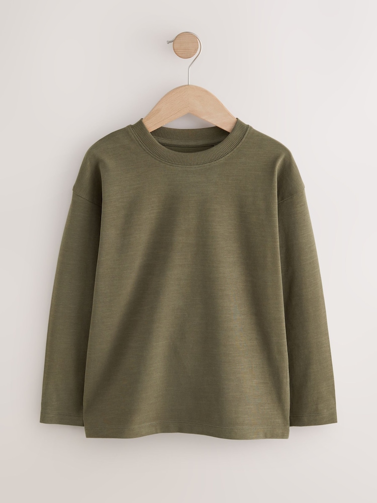Khaki Green Relaxed Fit Long Sleeve Cosy T-Shirt (3-16yrs) - Image 1 of 4 Khaki Green Relaxed Fit Long Sleeve Cosy T-Shirt (3-16yrs) - Image 1 of 4