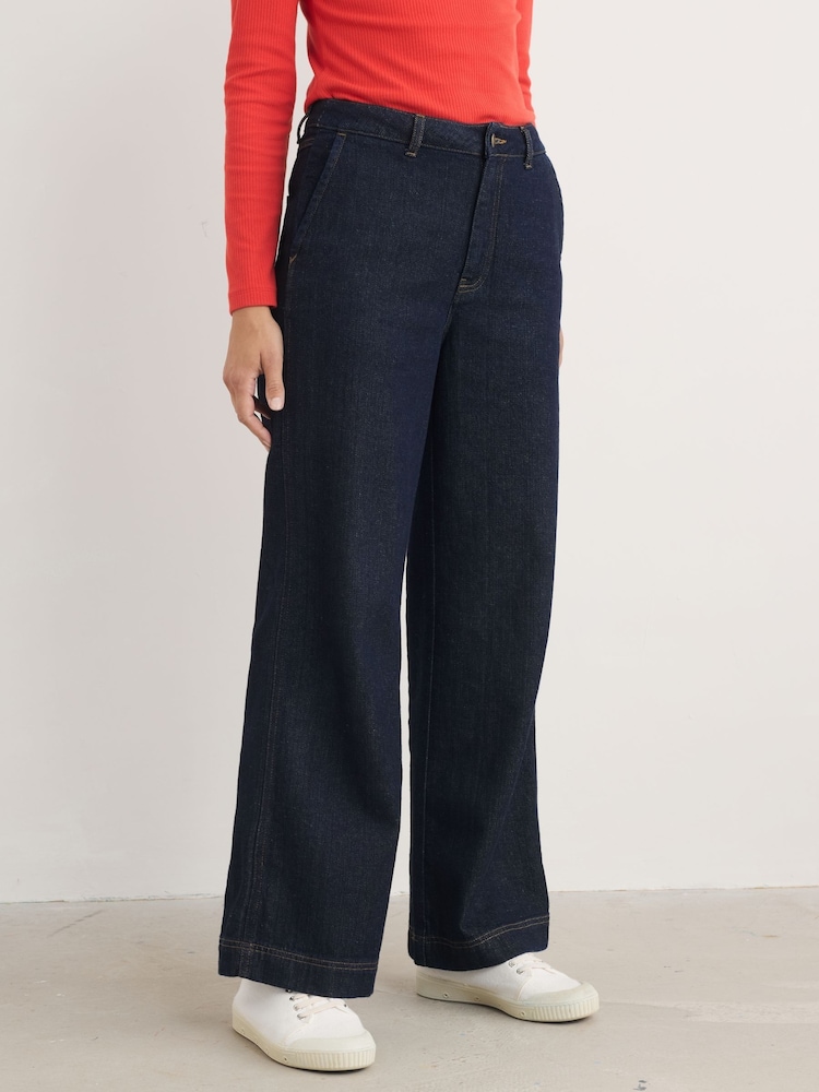 Seasalt Cornwall Blue Petite Petite Sennen Cove Wide Leg 100% Cotton Jeans - Image 1 of 5