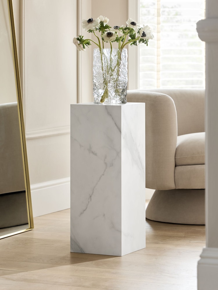 White Travertine Effect Plinth Side Table - Image 1 of 6